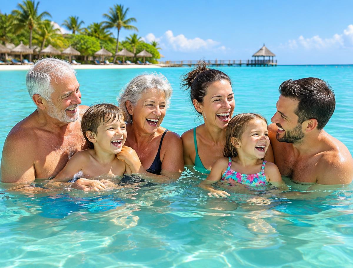 Grandparents, parents and children laughing together in turquoise water