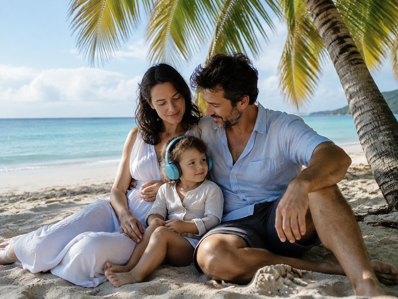 A family relaxing quietly in the shade on a calm Caribbean beach, their child wearing soft headphones